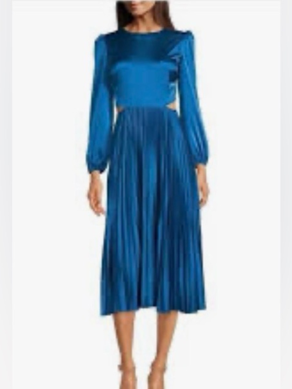 Adelyn Rae Blue Satin Pleated Cutout Midi Dress Long Sleeve XS Cocktail Party